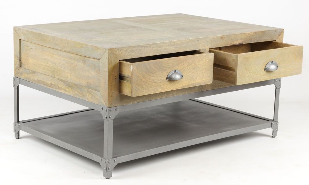 Coffee tables - Small industrial coffee table in mango wood and metal, 4 drawers, 1 shelf - JP2B DECORATION