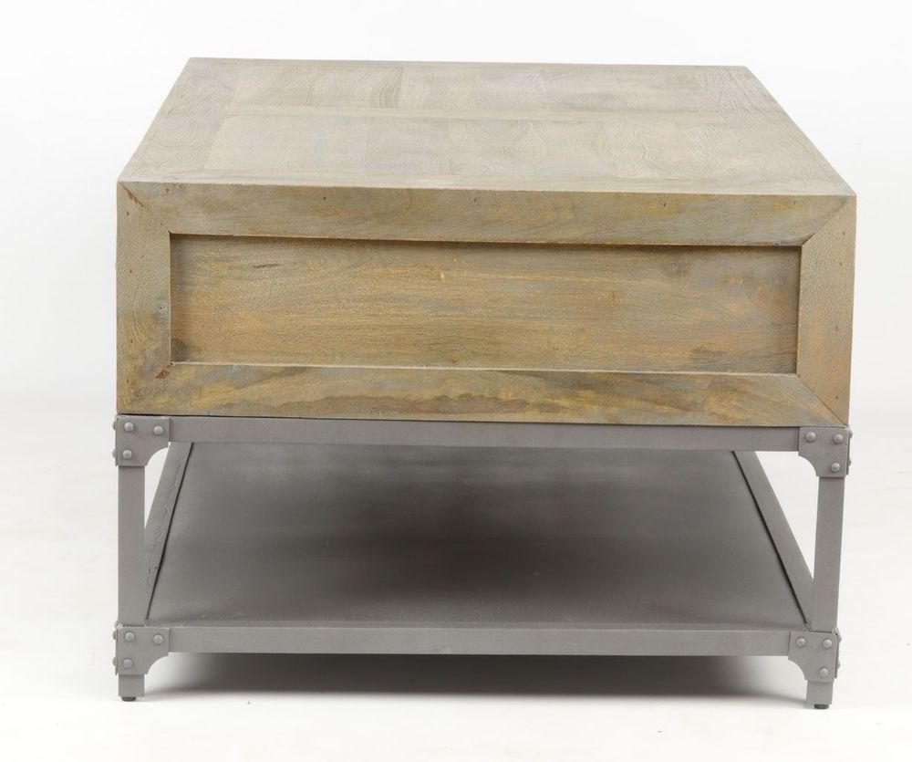 Coffee tables - Small industrial coffee table in mango wood and metal, 4 drawers, 1 shelf - JP2B DECORATION