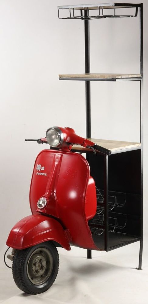 Buffets - Bar industriel Scooter en métal rouge et bois de manguier recyclé, 3 étagères - JP2B DECORATION