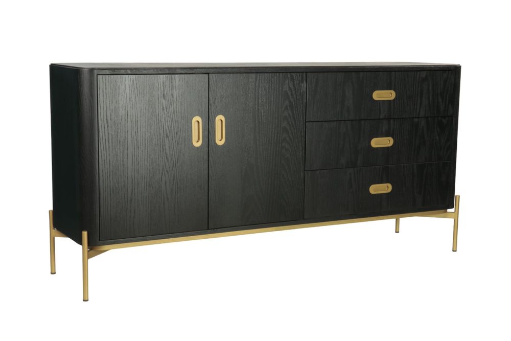 Sideboards - Long black and gold oak sideboard, 3 drawers, 180x45 cm, modern style - JP2B DECORATION