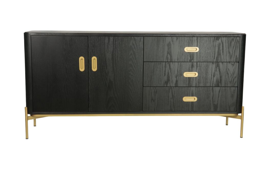 Sideboards - Long black and gold oak sideboard, 3 drawers, 180x45 cm, modern style - JP2B DECORATION