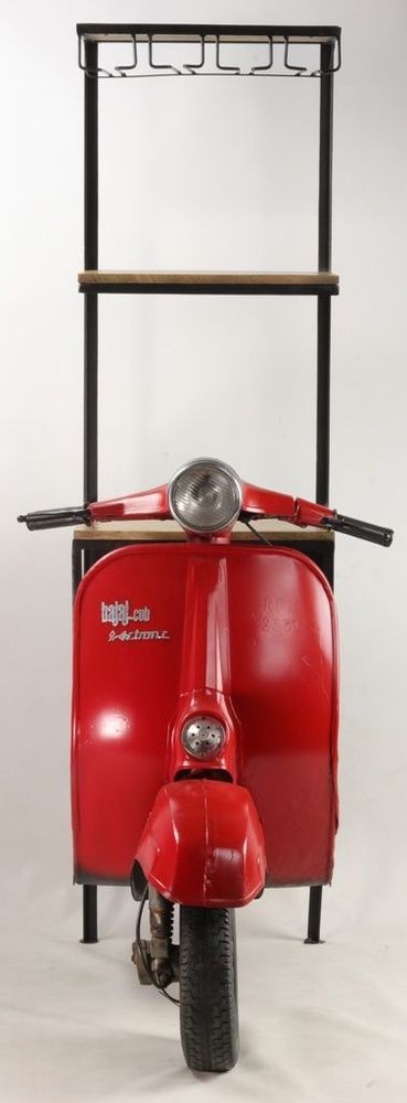 Buffets - Bar industriel Scooter en métal rouge et bois de manguier recyclé, 3 étagères - JP2B DECORATION