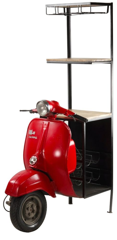 Buffets - Bar industriel Scooter en métal rouge et bois de manguier recyclé, 3 étagères - JP2B DECORATION