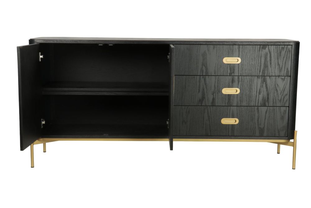 Sideboards - Long black and gold oak sideboard, 3 drawers, 180x45 cm, modern style - JP2B DECORATION