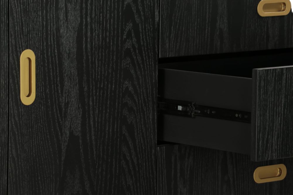 Sideboards - Long black and gold oak sideboard, 3 drawers, 180x45 cm, modern style - JP2B DECORATION