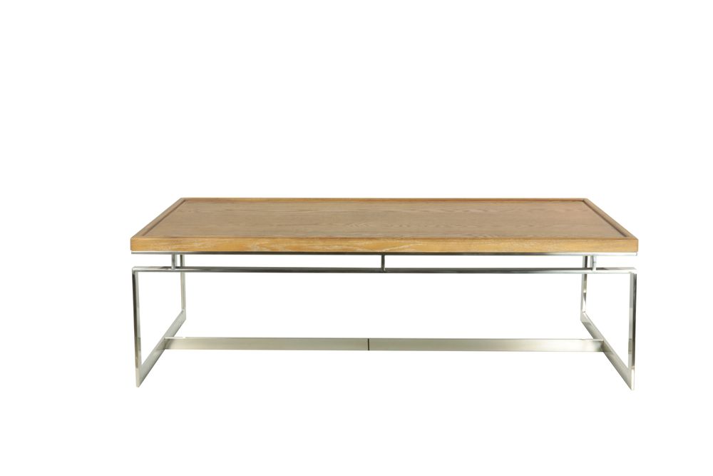Coffee tables - Rectangular cerused oak and chrome coffee table, 139x79 cm - JP2B DECORATION