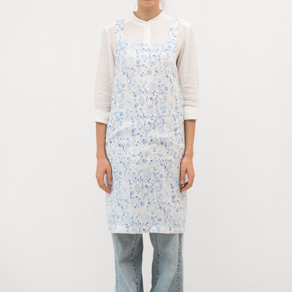 Linge d'office - Tablier croisé White Botanical Blue - LINEN TALES