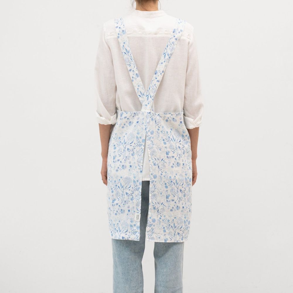 Linge d'office - Tablier croisé White Botanical Blue - LINEN TALES