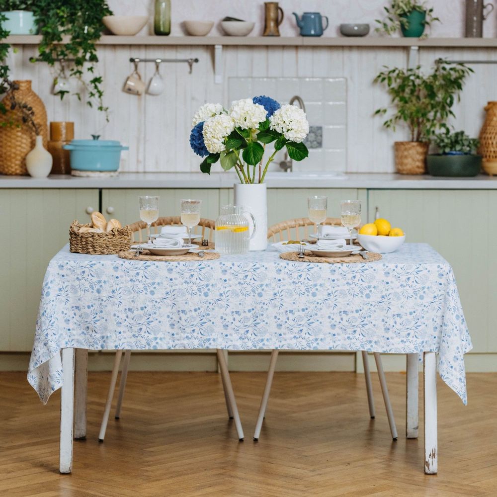 Table linen - White Botanical Blue Tablecloth - LINEN TALES