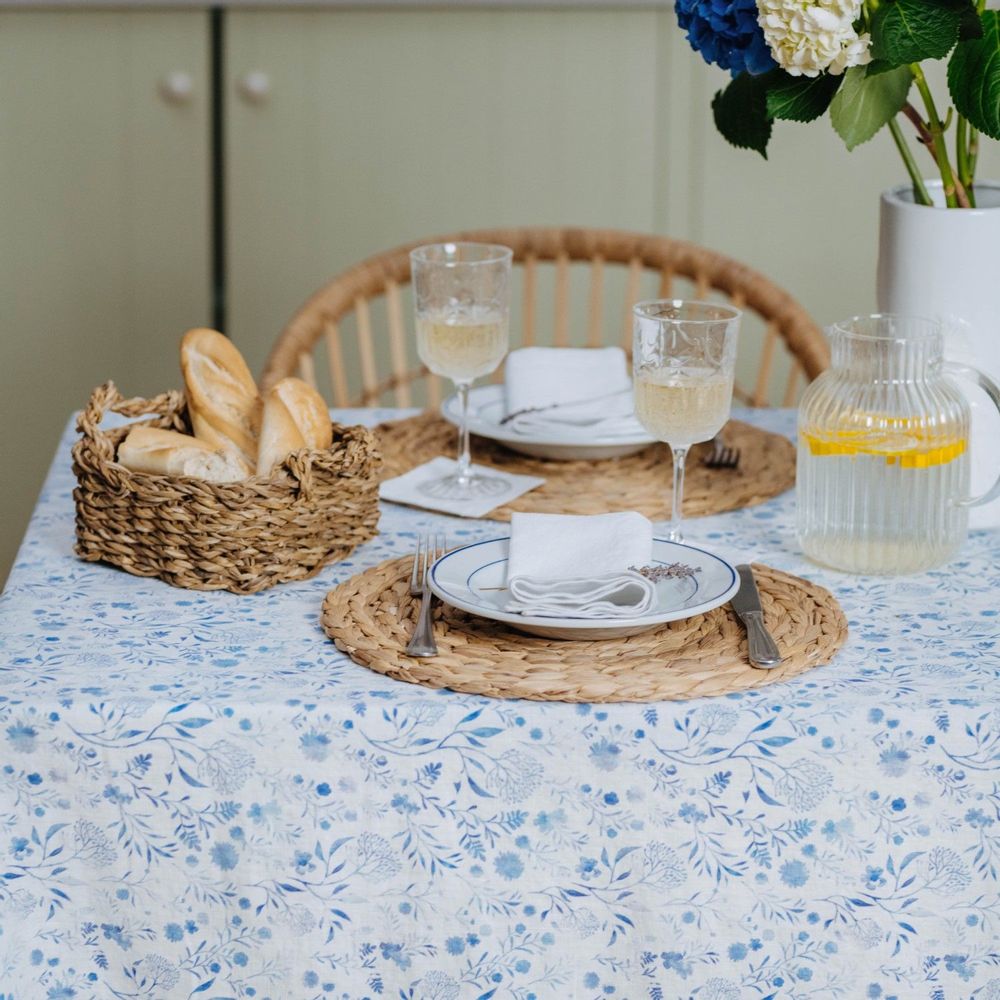 Table linen - White Botanical Blue Tablecloth - LINEN TALES