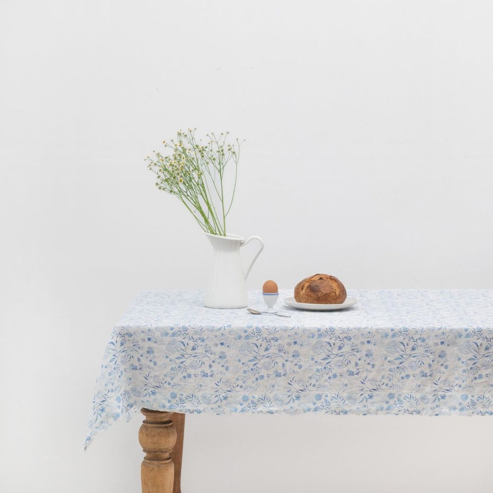 Table linen - White Botanical Blue Tablecloth - LINEN TALES