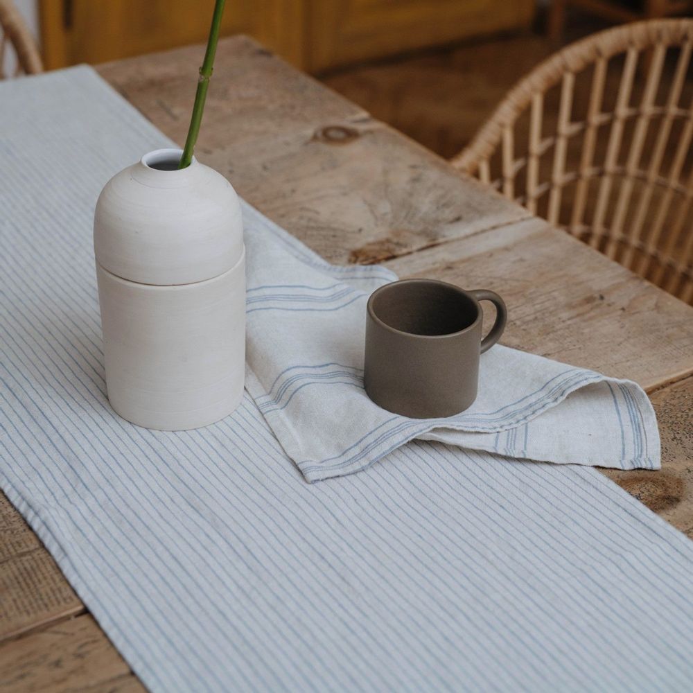 Table linen - Grey Blue Pinstripe Rustic Table Runner - LINEN TALES