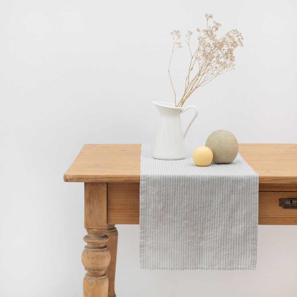 Table linen - Grey Blue Pinstripe Rustic Table Runner - LINEN TALES