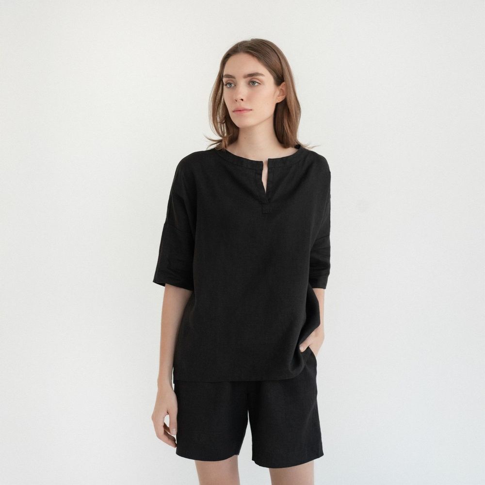 Vêtements de nuit - Pyjama Clover en lin, Noir - LINEN TALES
