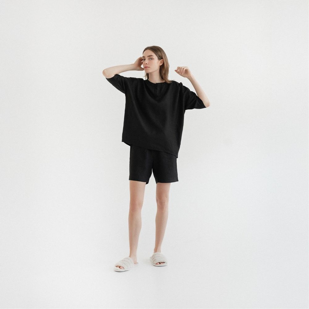 Vêtements de nuit - Pyjama Clover en lin, Noir - LINEN TALES