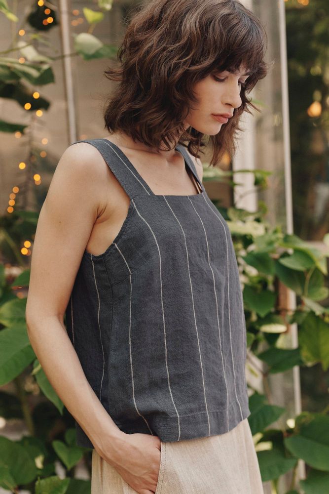 Apparel - Dark Grey with White Stripe Polka Top - LINEN TALES