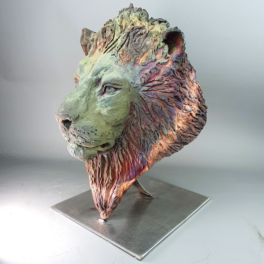 Unique pieces - Lion head in raku copper mat - SARA WEVILL ANIMAL SCULPTURE