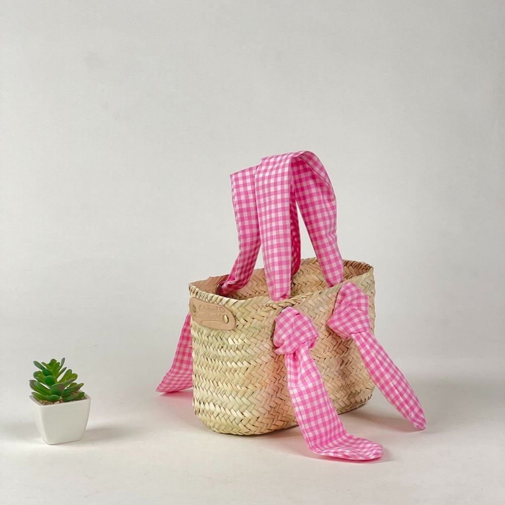 Customizable objects - ✨ Rectangular Basket with Pink Vichy Fabric Handles ✨ - ORIGINAL MARRAKECH