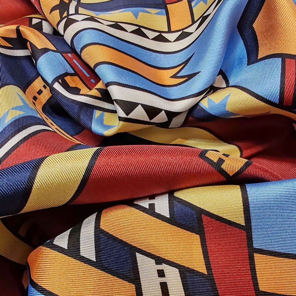 Scarves - Square silk scarf | The dancing ribbons | blue and terracotta - MON LIEN ATELIER