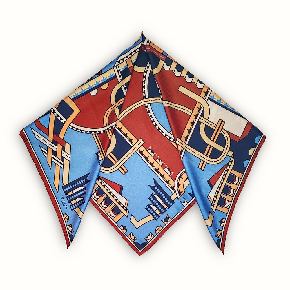 Scarves - Square silk scarf | The dancing ribbons | blue and terracotta - MON LIEN ATELIER