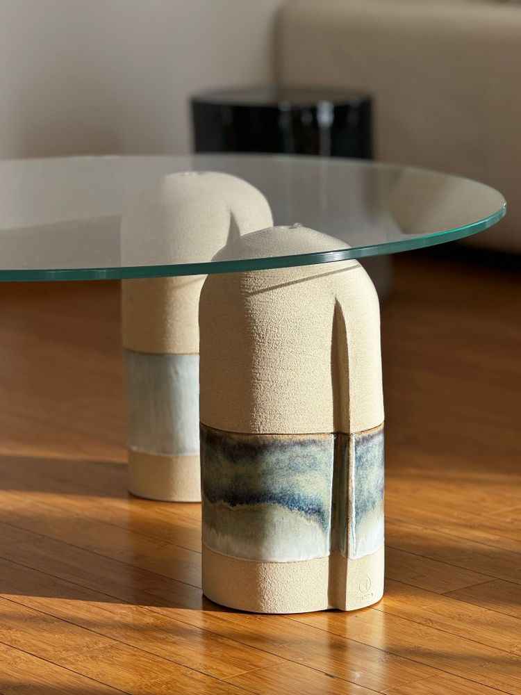 Ceramic - SCULPTURAL STONEWARE COFFEE TABLE WITH TEMPERED GLASS - RIVIERA - DI VINCENZO POUJOULA