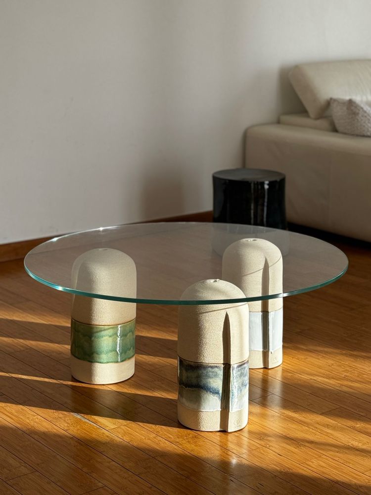 Ceramic - SCULPTURAL STONEWARE COFFEE TABLE WITH TEMPERED GLASS - RIVIERA - DI VINCENZO POUJOULA