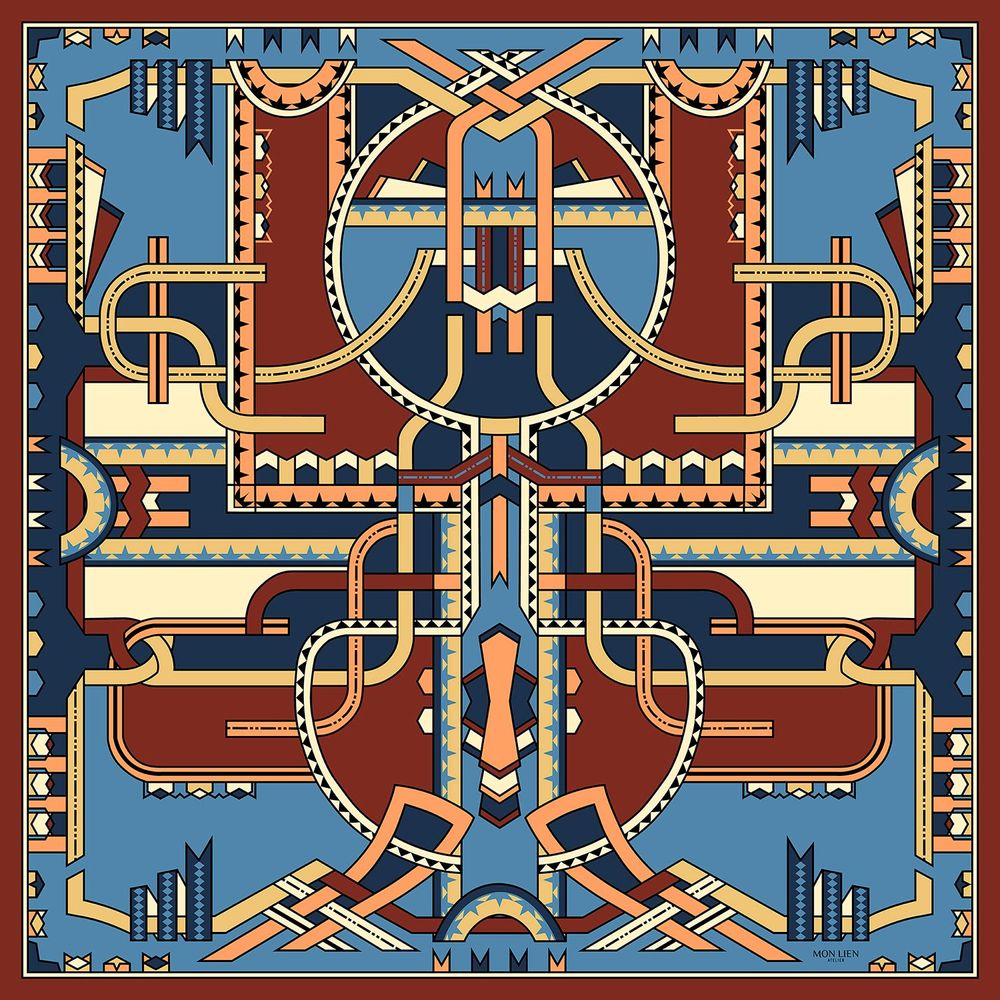 Scarves - Square silk scarf | The dancing ribbons | blue and terracotta - MON LIEN ATELIER