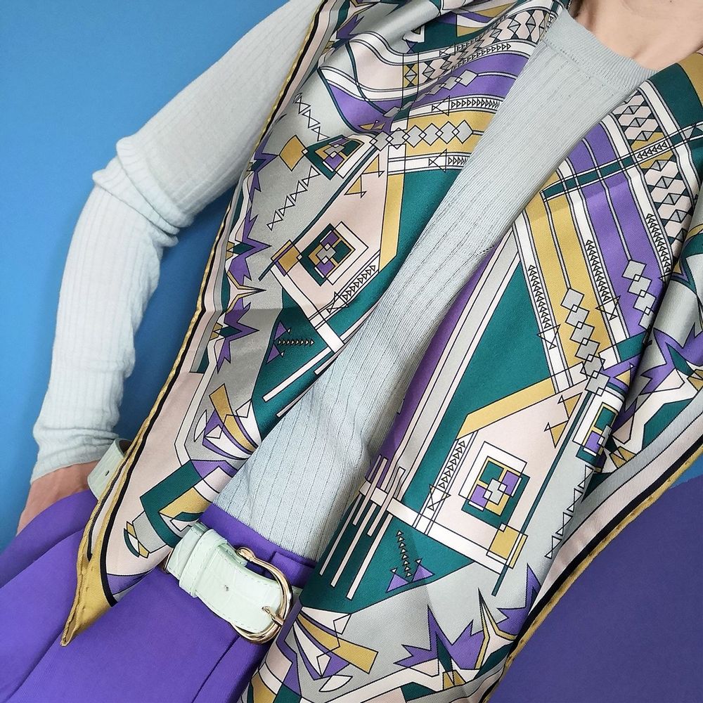 Scarves - Square silk scarf | The Mysterious Path | violet and green - MON LIEN ATELIER