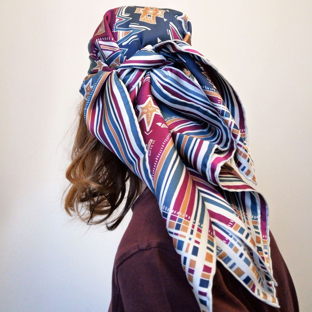 Scarves - Square silk scarf | Head in the Stars | blue and burgundy - MON LIEN ATELIER