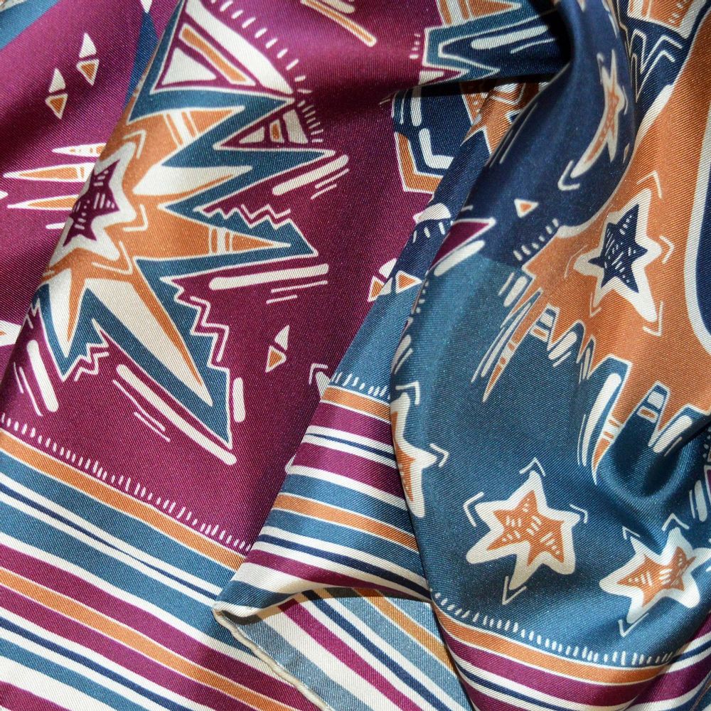 Scarves - Square silk scarf | Head in the Stars | blue and burgundy - MON LIEN ATELIER