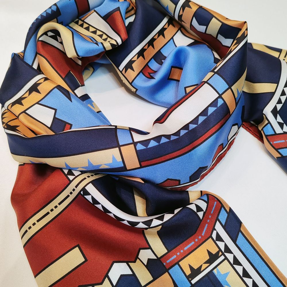 Scarves - Silk stole | The dancing ribbons | blue and terracotta - MON LIEN ATELIER