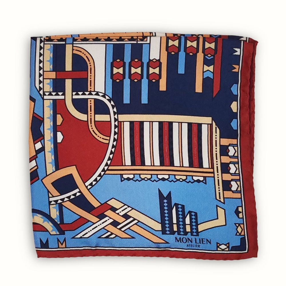 Scarves - Silk pocket square | The dancing ribbons | blue and terracotta - MON LIEN ATELIER