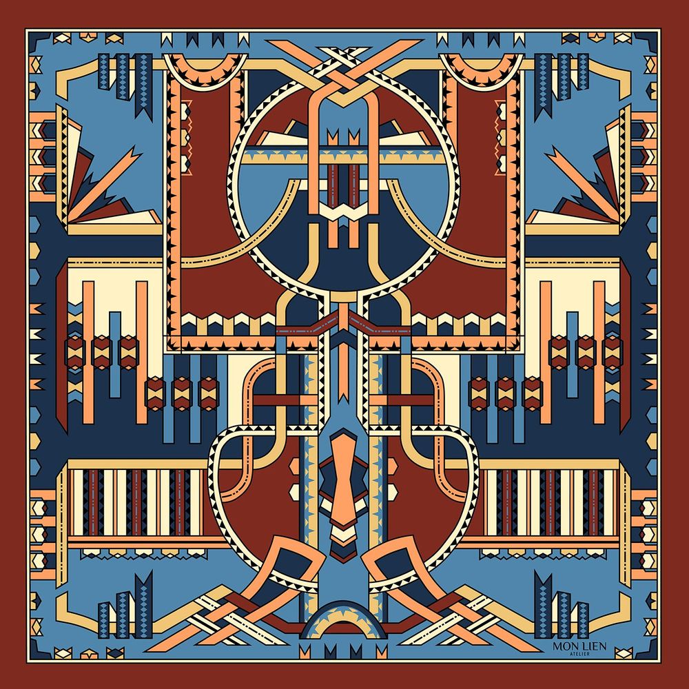 Scarves - Silk pocket square | The dancing ribbons | blue and terracotta - MON LIEN ATELIER