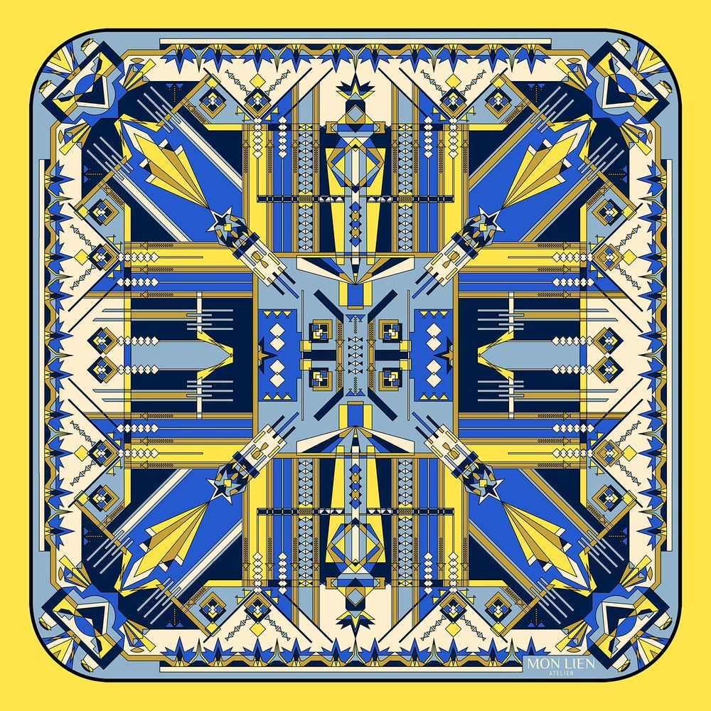 Foulards et écharpes - Pochette de soie | Le chemin mystérieux | jaune et bleu - MON LIEN ATELIER