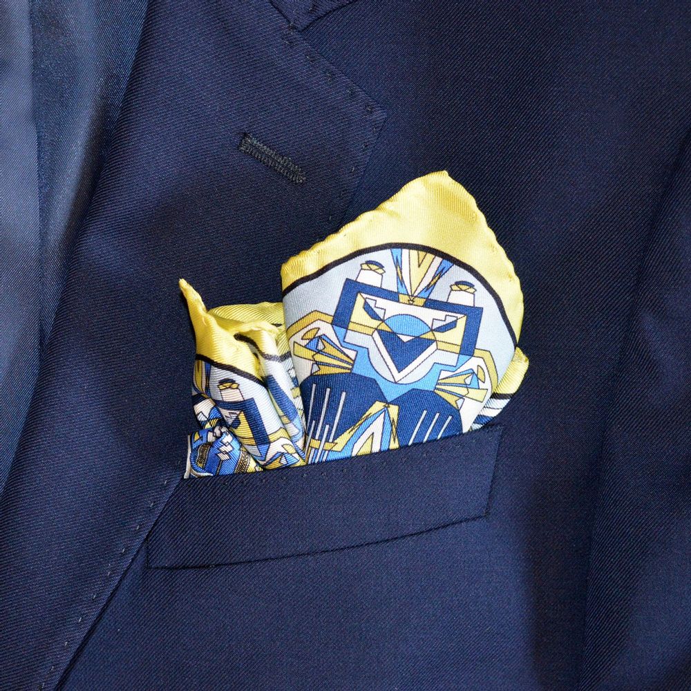 Foulards et écharpes - Pochette de soie | Le chemin mystérieux | jaune et bleu - MON LIEN ATELIER