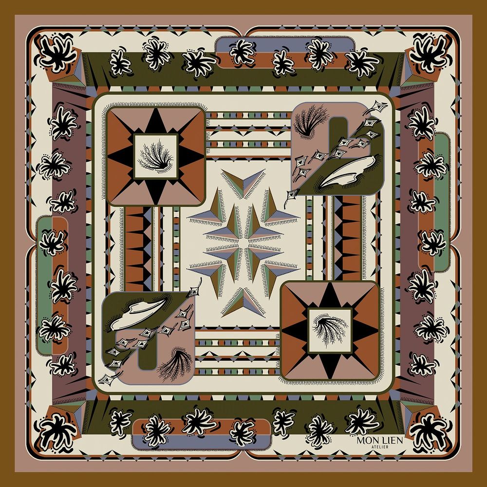 Foulards et écharpes - Pochette de soie | L'ivresse de l'envol | ivoire et brun - MON LIEN ATELIER
