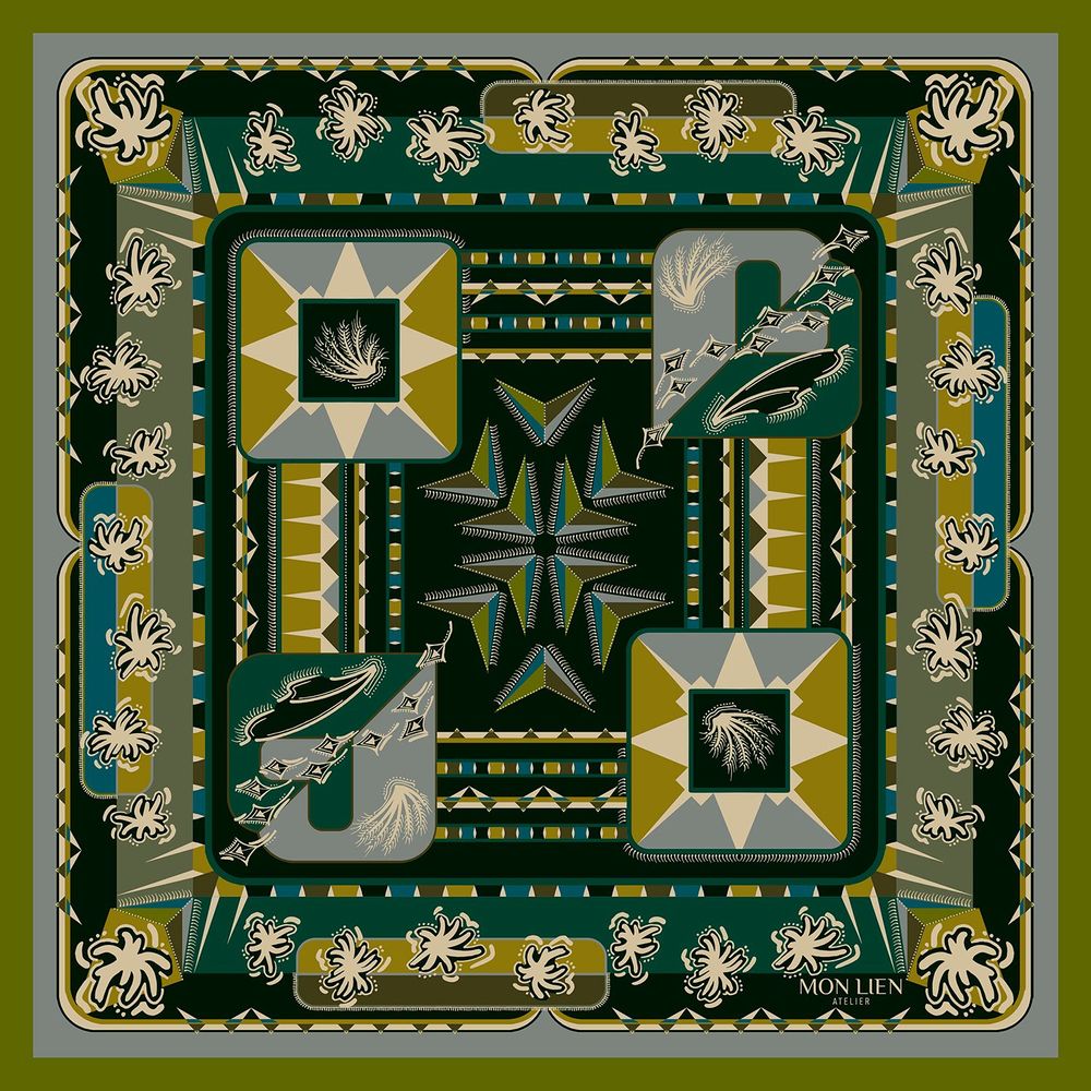 Scarves - Silk pocket square | The Ecstasy of Flight | green and ocher - MON LIEN ATELIER