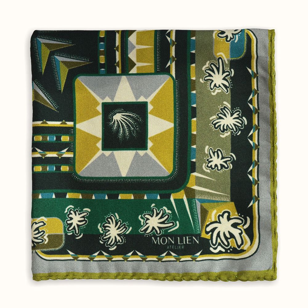 Scarves - Silk pocket square | The Ecstasy of Flight | green and ocher - MON LIEN ATELIER