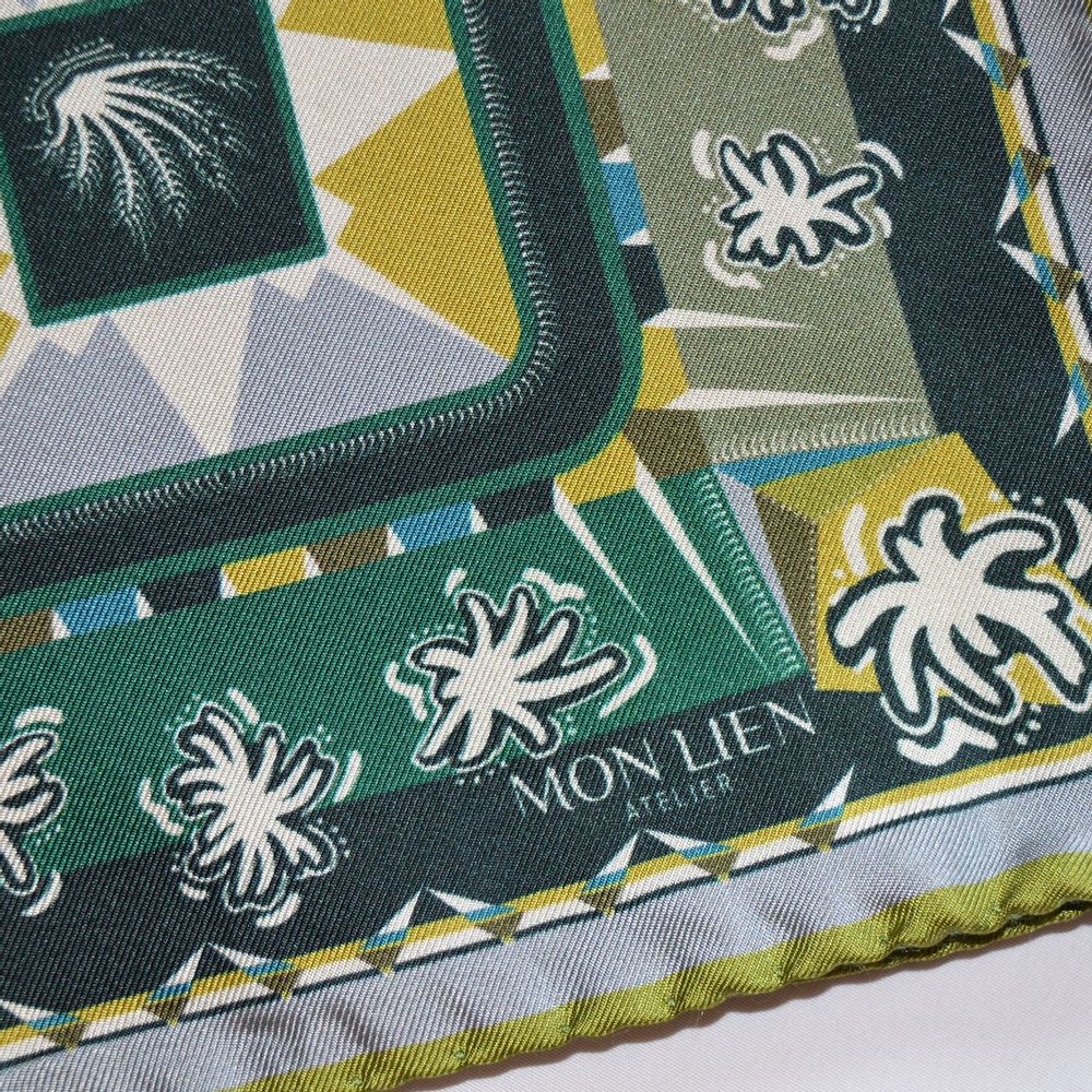 Scarves - Silk pocket square | The Ecstasy of Flight | green and ocher - MON LIEN ATELIER