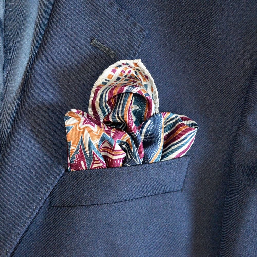 Foulards et écharpes - Pochette de soie| La tête dans les étoiles | bleu et bordeaux - MON LIEN ATELIER