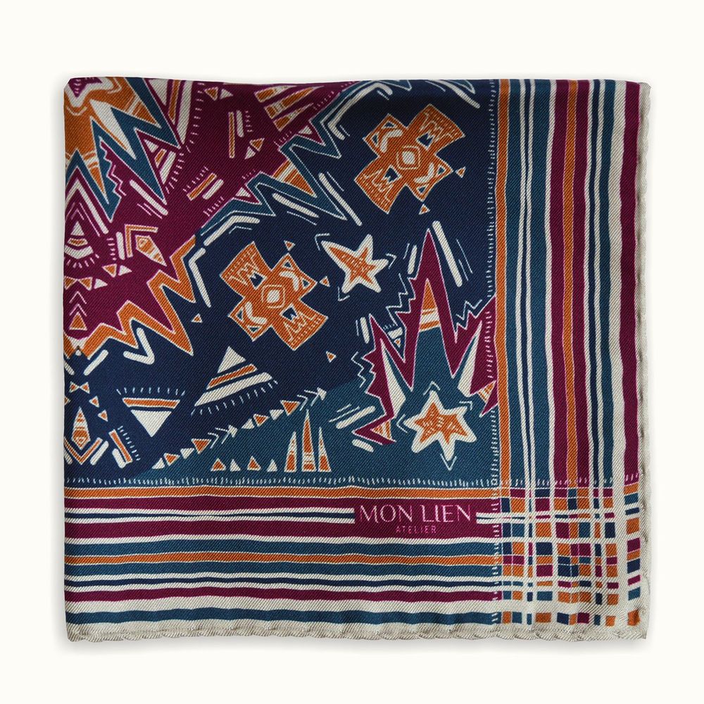 Foulards et écharpes - Pochette de soie| La tête dans les étoiles | bleu et bordeaux - MON LIEN ATELIER
