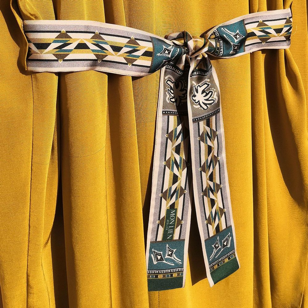Scarves - Silk sash | The Ecstasy of Flight | green and ocher - MON LIEN ATELIER