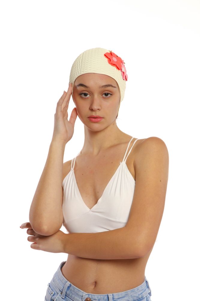 Hair accessories - White Vintage 3 Flowers Swim Cap - KORES ACCESSORIES