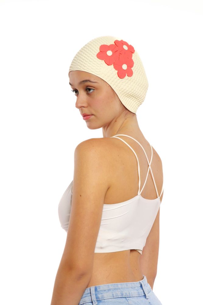 Hair accessories - White Vintage 3 Flowers Swim Cap - KORES ACCESSORIES