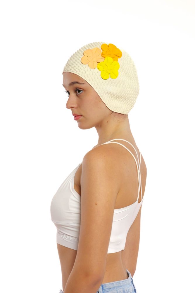 Hair accessories - White Vintage 3 Flowers Swim Cap - KORES ACCESSORIES