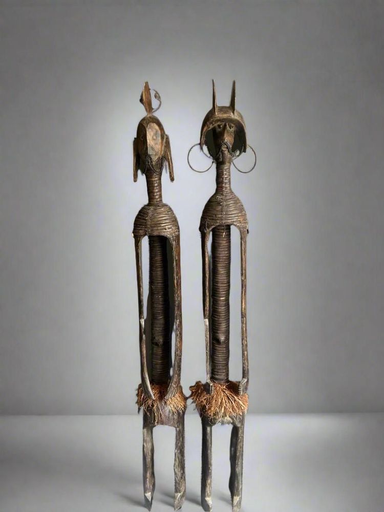 Pièces uniques - Grand couple statues MUMUYE bois et fibres naturelles, Nigeria - QUINTESSENCE AFRICAINE