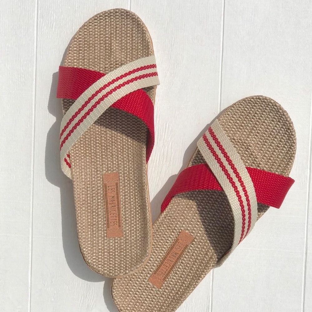 Shoes - Les Mauricettes de Maryse, crossed flip-flops for women in red - LES MAURICETTES