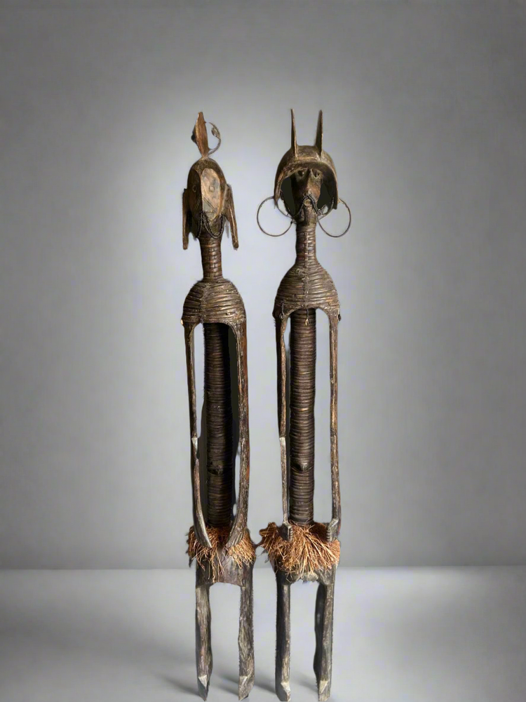Pièces uniques - Grand couple statues MUMUYE bois et fibres naturelles, Nigeria - QUINTESSENCE AFRICAINE