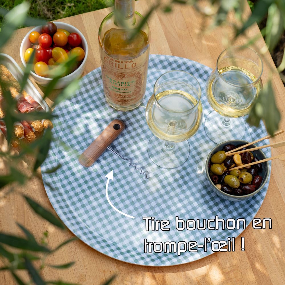 Kitchen utensils - Round wooden serving tray - Trompe l'oeil corkscrew 38 cm - MONBOPLATO