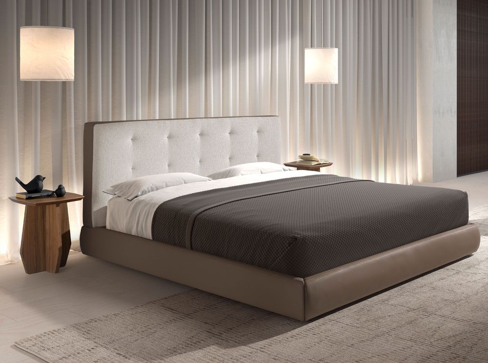 Beds - Brown fabric and brown eco-leather upholstered bed - ANGEL CERDÁ